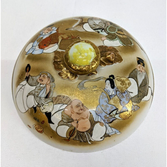 Japanese Kutani Lidded Rice Bowl Vintage Porcelain Seven Lucky Gods - Picture 4 of 7
